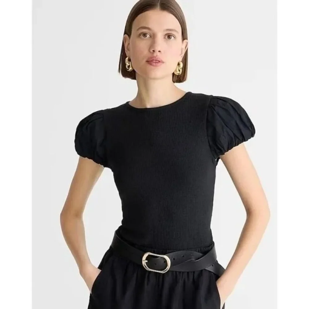 J. Crew Women's Vintage Rib Bubble Sleeve Tee Black Stretch XXS NWT